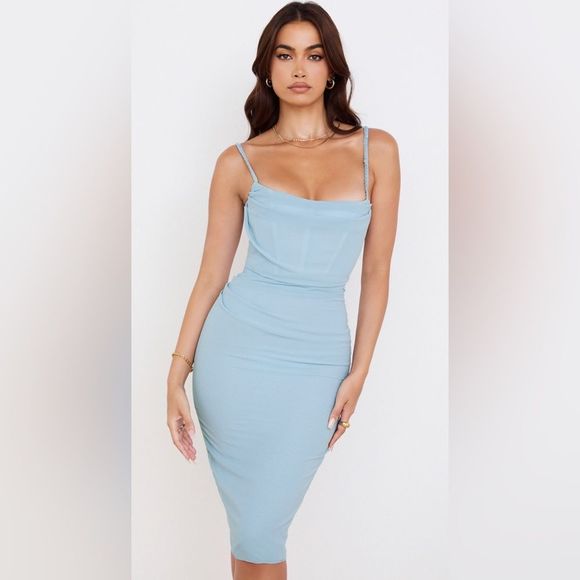 NEW House of CB JAMILLE BABY BLUE DRAPED CORSET MIDI DRESS - Picture 3 of 13